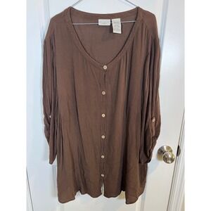 White Stag Woman Top Button Front Roll Tab Coffee House‎ Brown 22W/24W